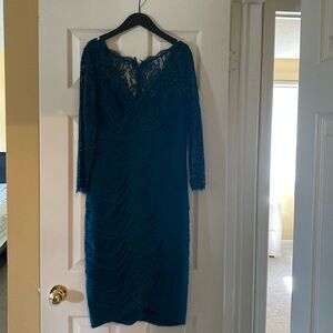 Formal wear, lace top, knee length evening dress